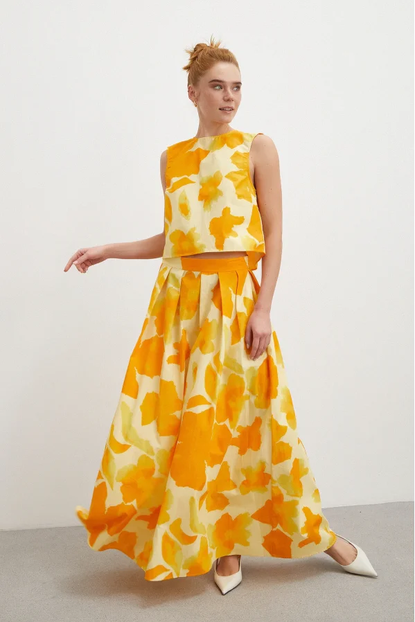 Elastic Waistband Batik Patterned Pleated Skirt Yellow