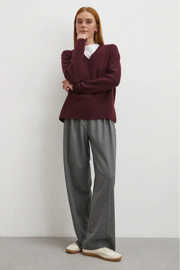 Yüksek Bel Pileli Palazzo Pantolon Gri