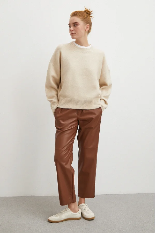 Bağcıklı Deri Pantolon Kahve