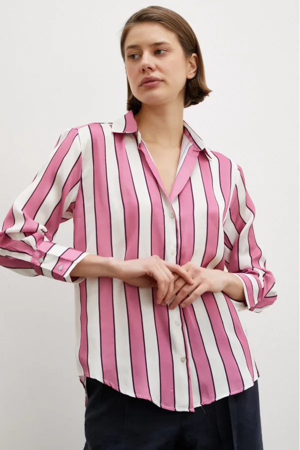 Thick Striped Satin Shirt Pink