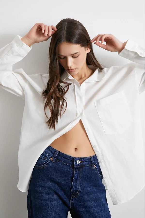 Pocket Oversize Leinenhemd Ecru