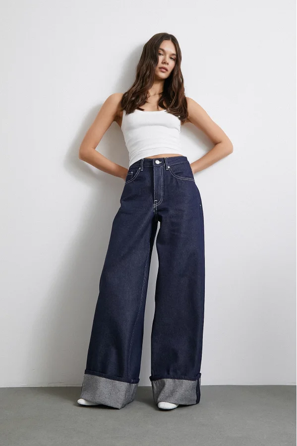High Waist Folded Leg Opening Five Pocket Jeans Navy