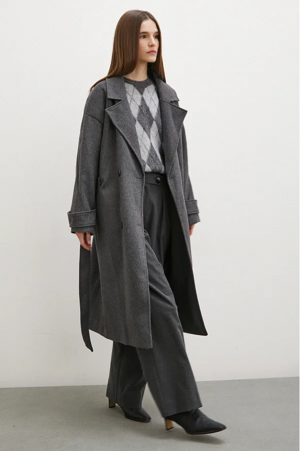 Coat with Collar Detail and Belt in Antiracite Color