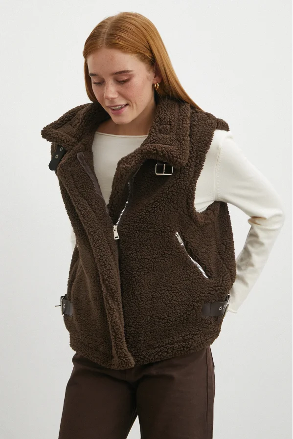 Yaka Detaylı Yumoş Yelek Kahve