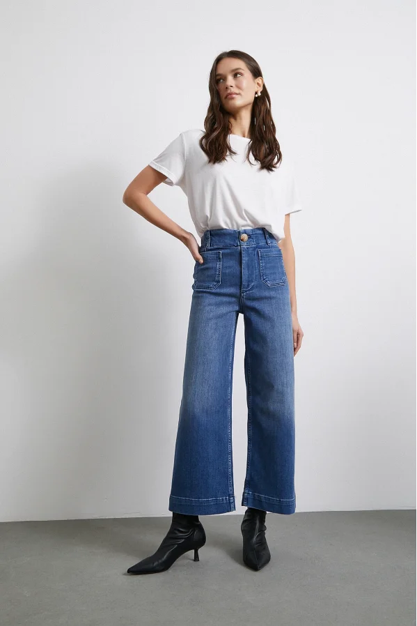 Cell And Button Detailed Wide Leg Jean Blue