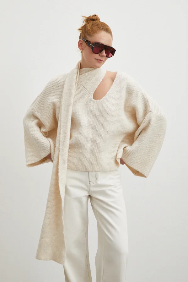 Fitilli Şal Yaka Kazak Ekru