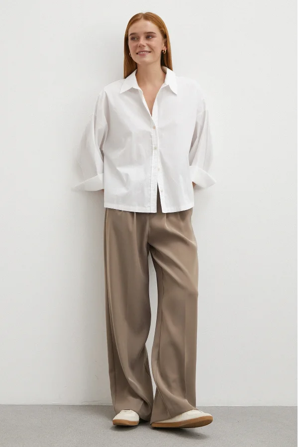 Beli Lastikli Pileli Geniş Paça Pantolon Vizon