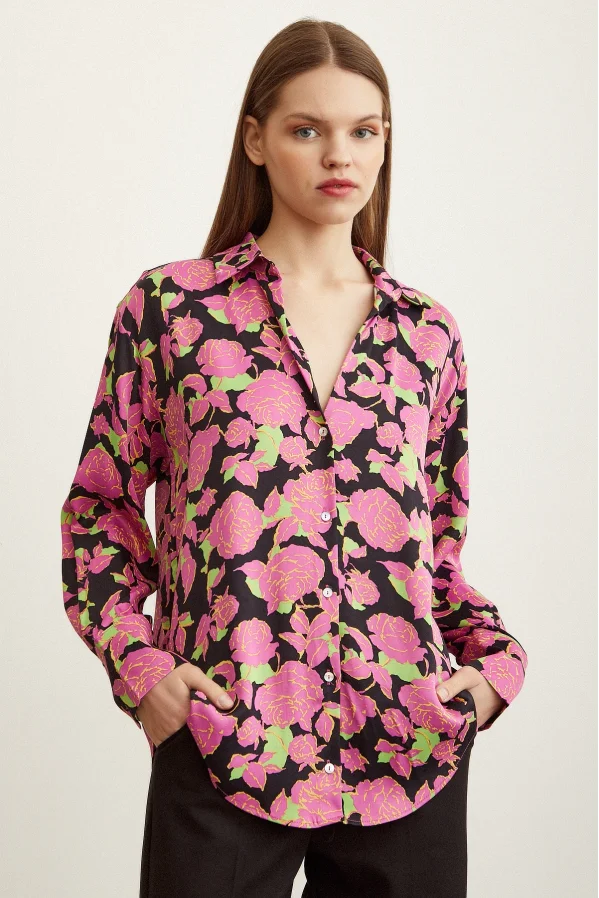 Satin Shirt with Rose Pattern Pink