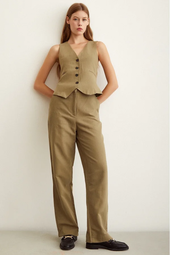 High Waist Linen Trousers Khaki