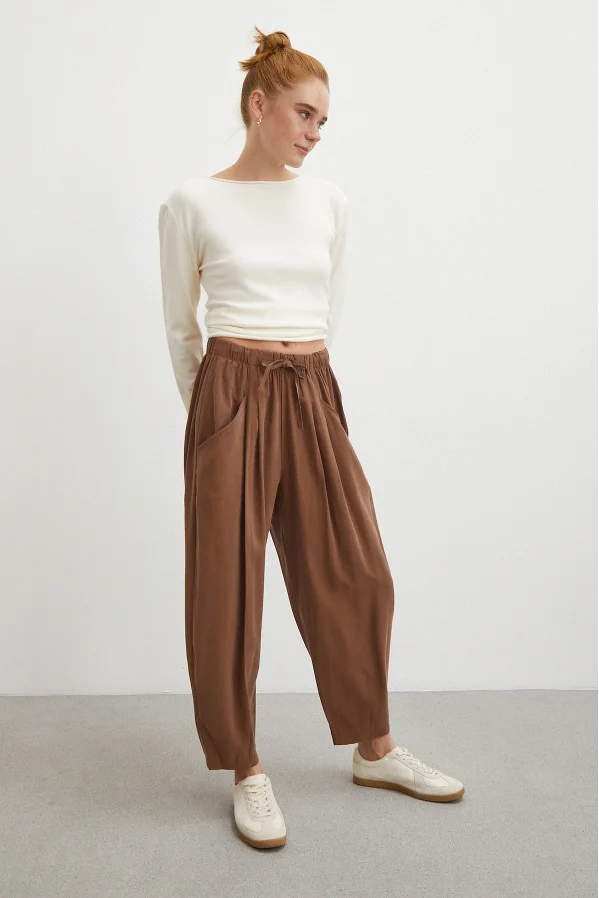 Bağcıklı Beli Lastikli Pileli Pantolon Kahve