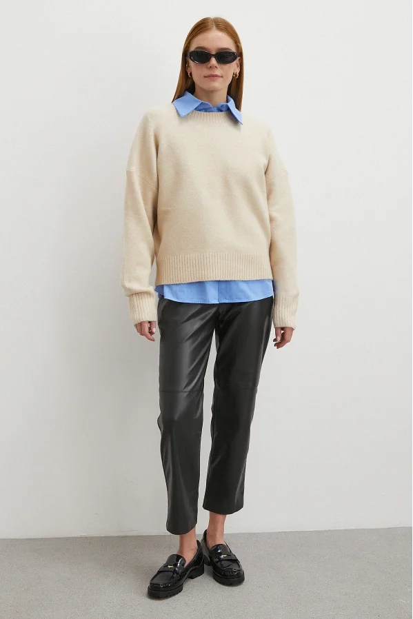 Kemerli Lastikli Deri Pantolon Siyah