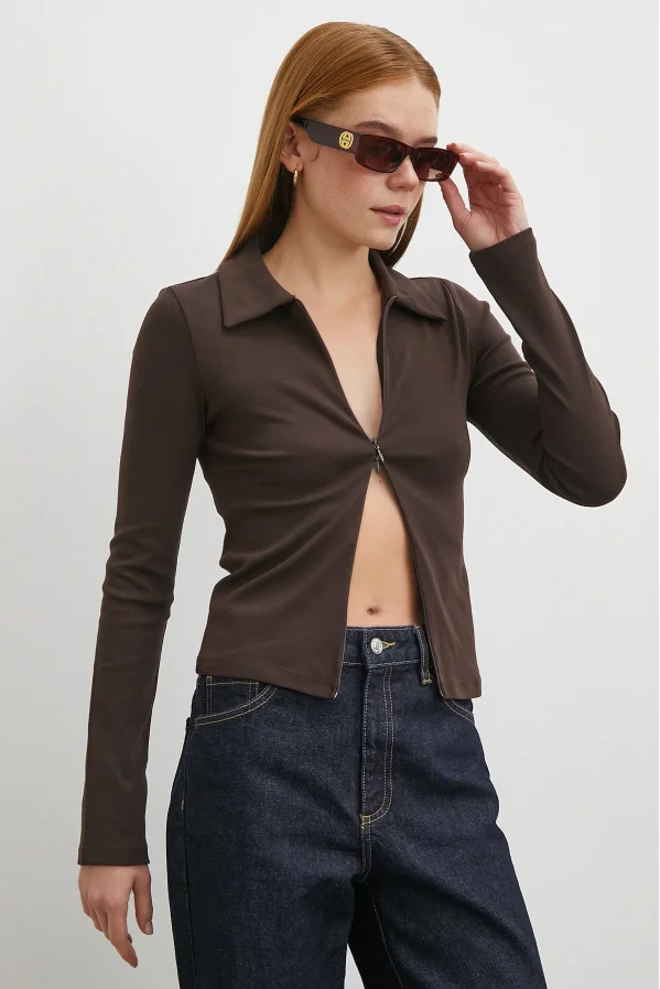 Yakalı Çift Fermuarlı Bluz Kahve