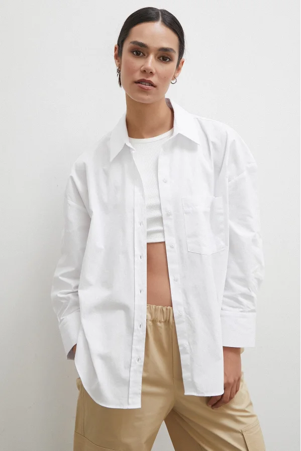 Regular Fit قميص بوبلين أبيض