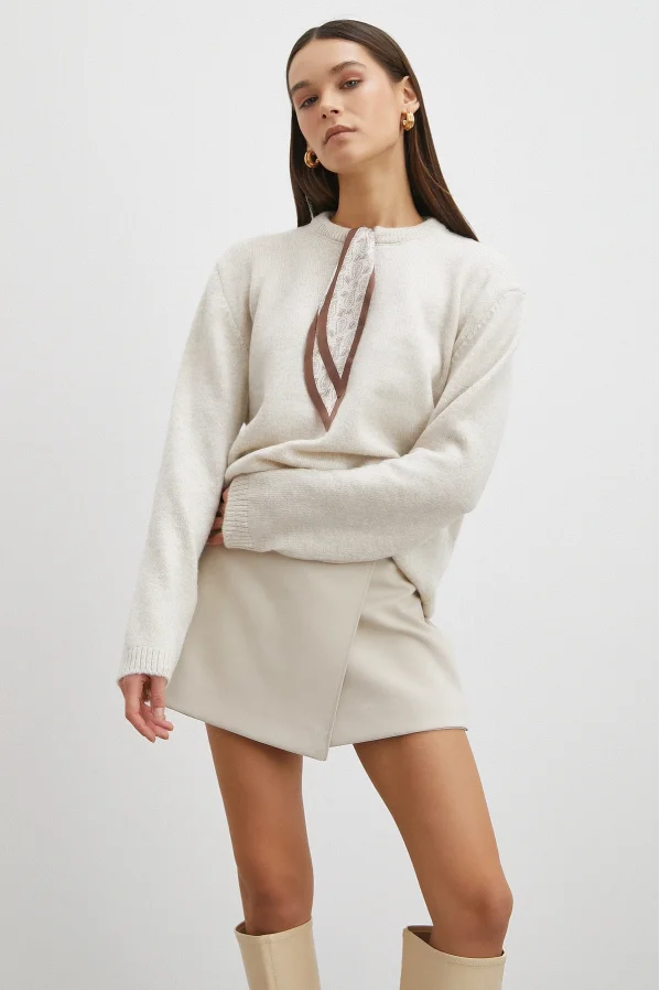 Fularlı Uzun Kollu Kazak Ekru