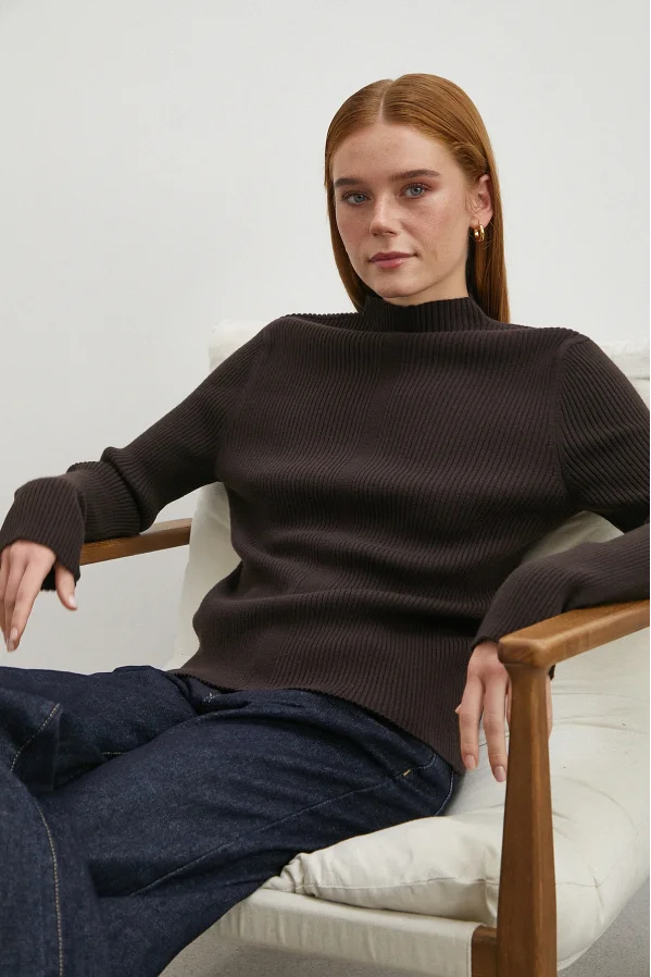 Fitilli Yarım Balıkçı Yaka Kazak Kahve