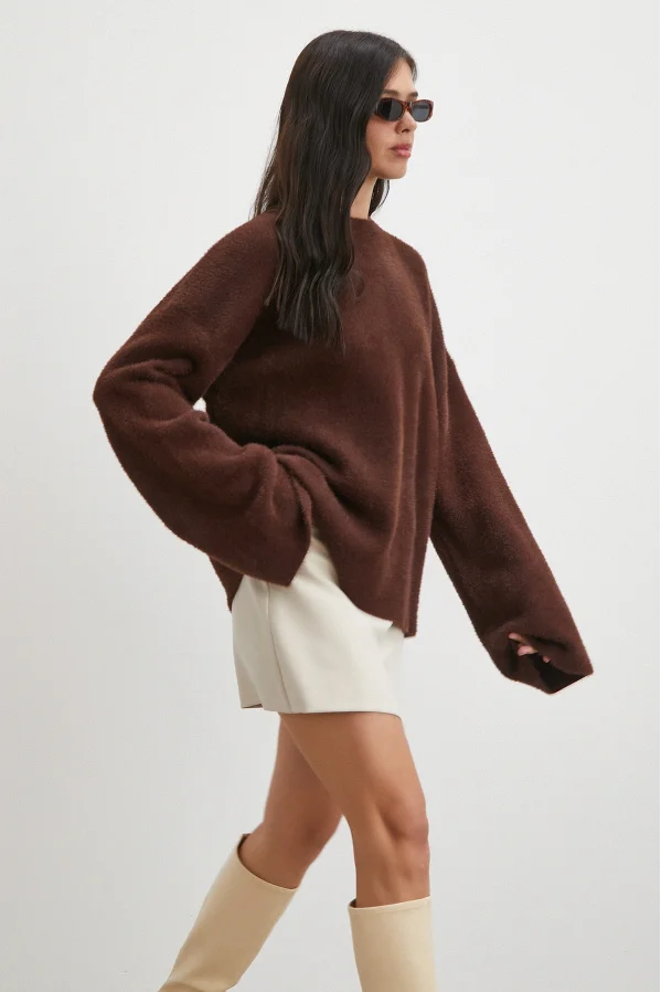 Bisiklet Yaka T Kol Kazak Kahve