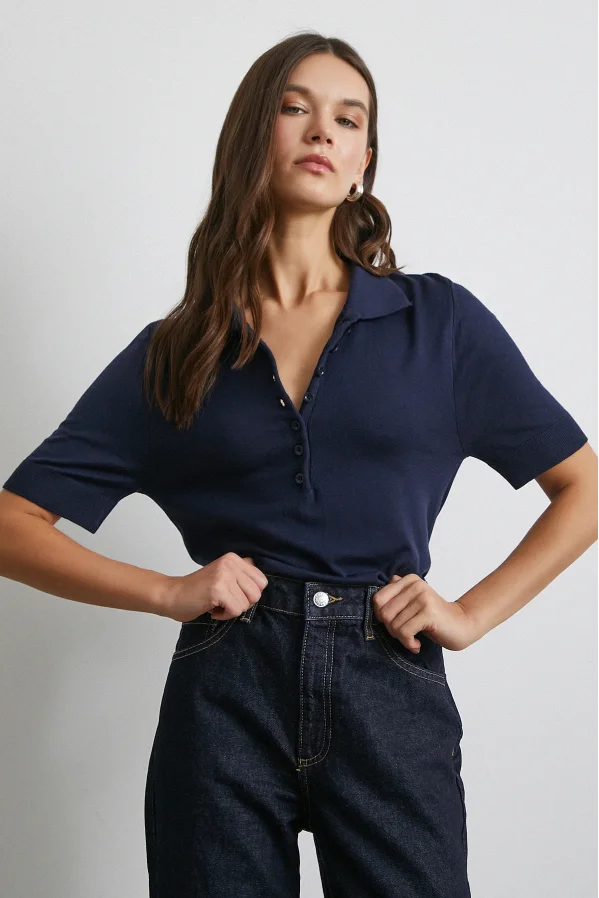 Polo Yaka Düğmeli Kısa Kol Triko Lacivert