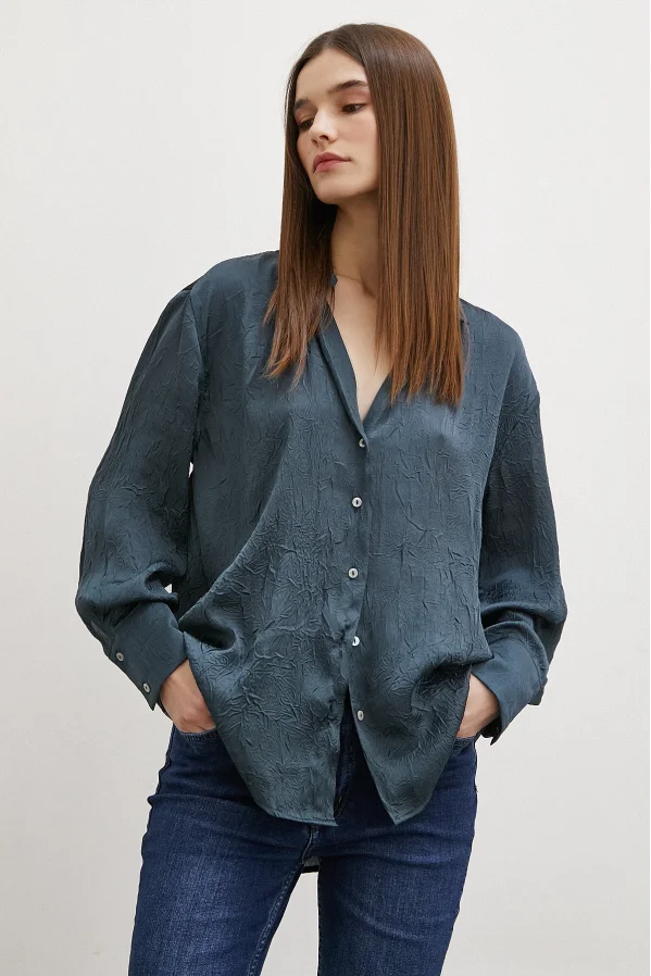 Crinkled Satin Shirt Petrol