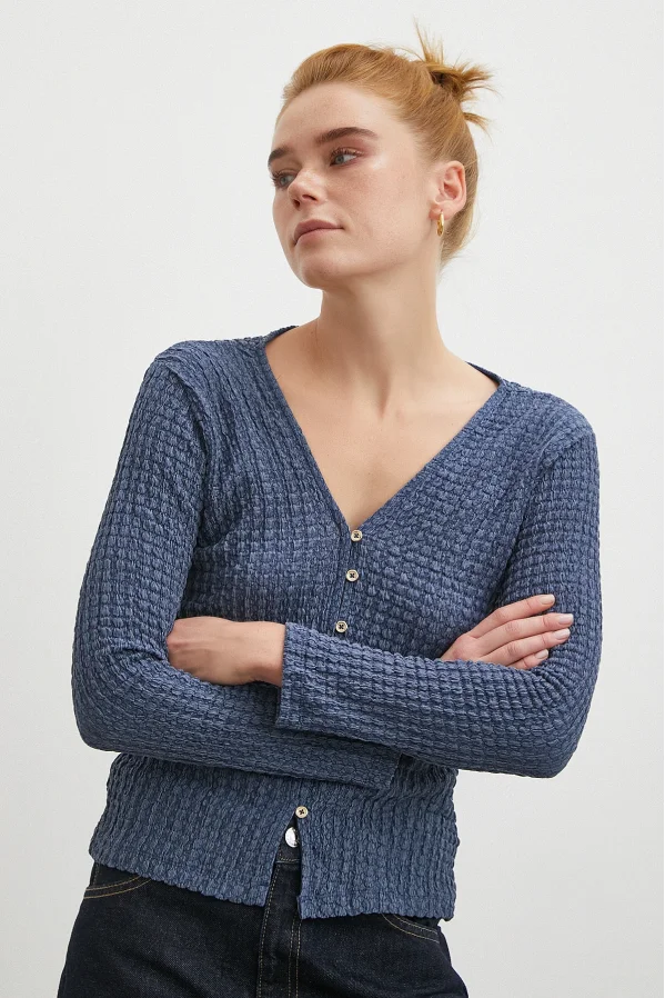 V Yaka Düğmeli Kazak Lacivert