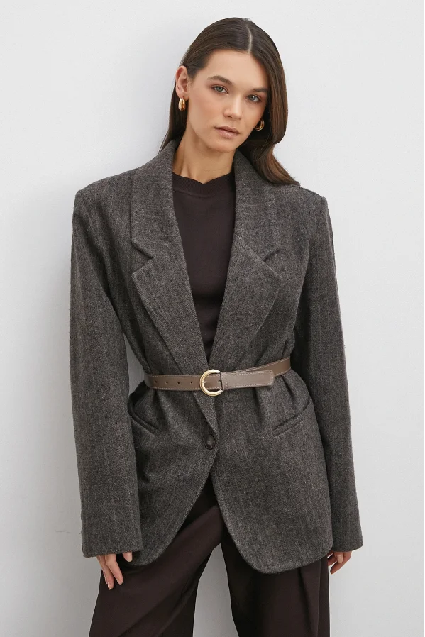 Çizgi Detaylı Kemerli Kaşe Ceket Kahve