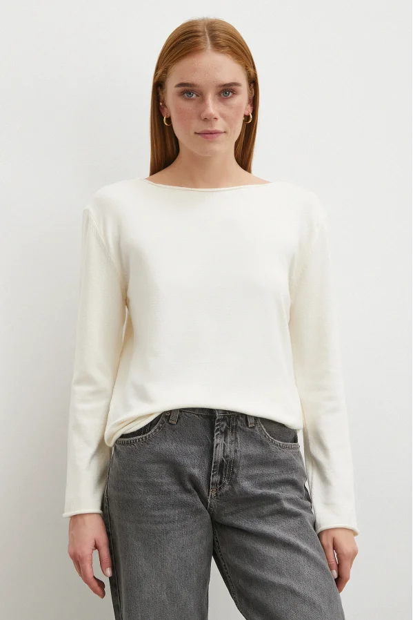 Kayık Yaka Uzun Kol Kazak Ekru