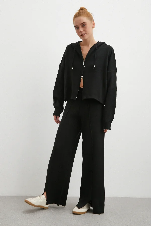 Çift Fermuarlı Kapüşonlu Pantolonlu Takım Siyah