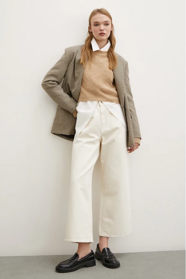 Hoher Bund Weite Bein Mom Jeans Ecru