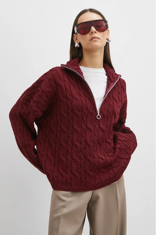 Saç Örgülü Yarım Fermuarlı Kazak Bordo