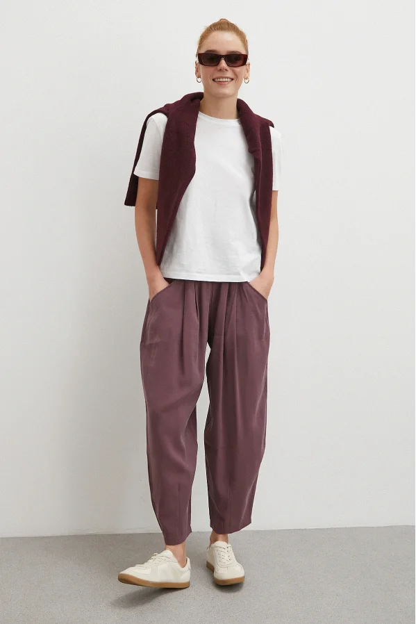 Bağcıklı Beli Lastikli Pileli Pantolon Mürdüm