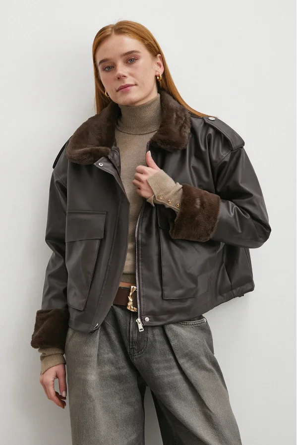 Kürk Detaylı Cepli Deri Mont Kahve