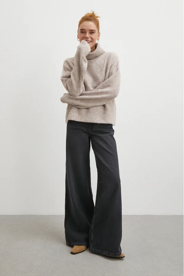 Yüksek Bel Geniş Paça Jean Siyah