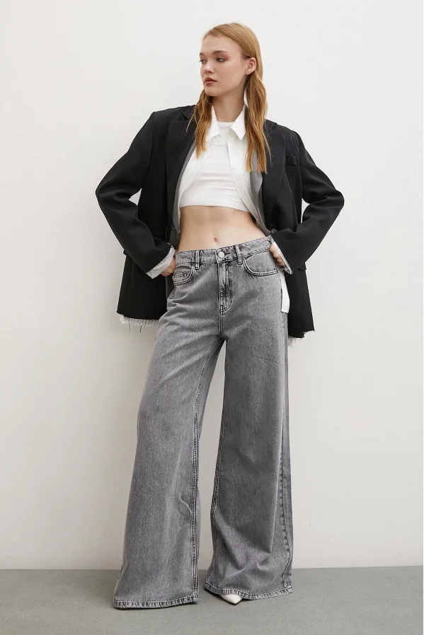 High Waist Five Pocket Wide Leg Jeans Gray