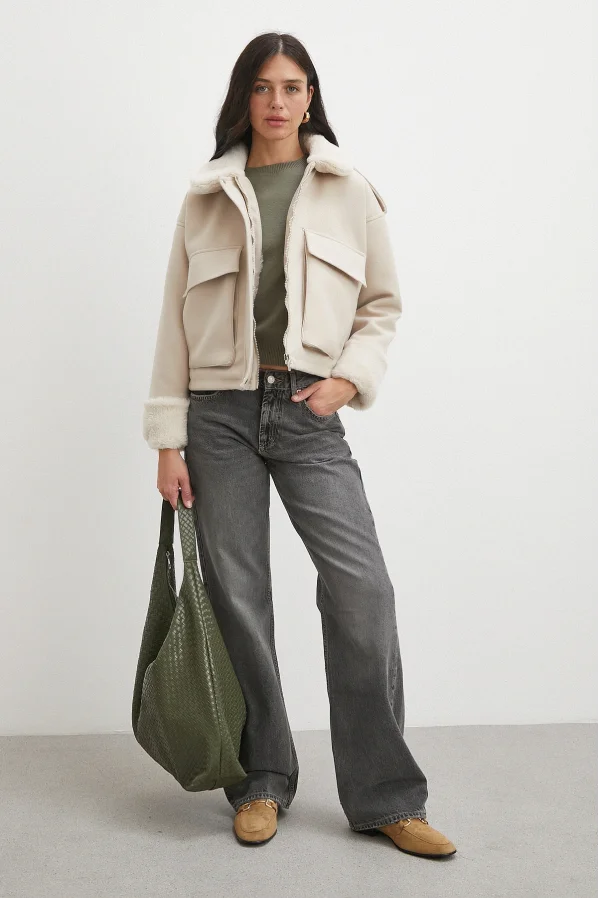 Apoletli Yünlü Körük Cepli Kaşe Mont Bej