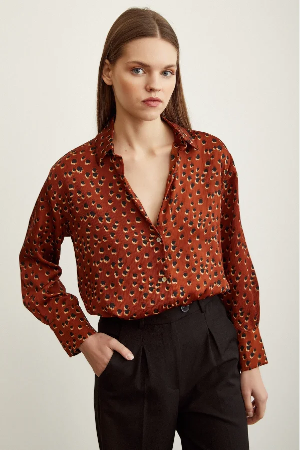 Polka Dot Patterned Satin Shirt in Light Brown
