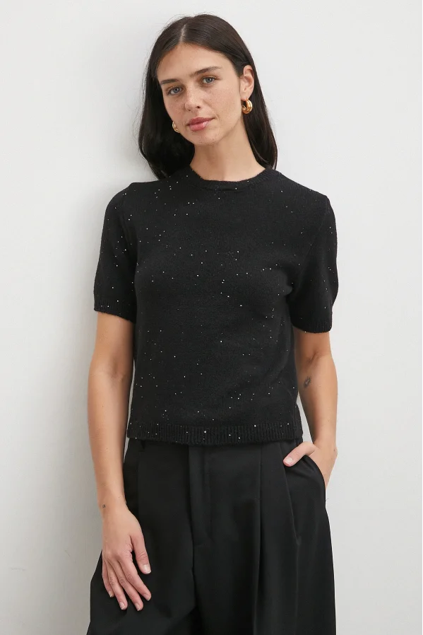 Simli Kısa Kol Kazak Siyah