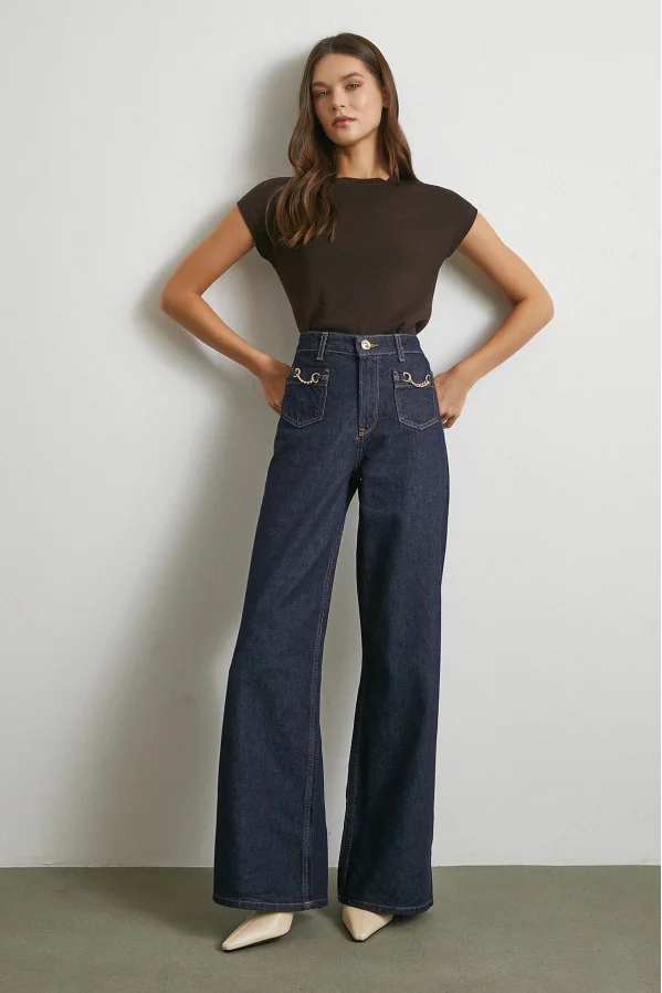 Yüksek Bel Cep Detaylı Zincirli Wide Leg Jean Lacivert