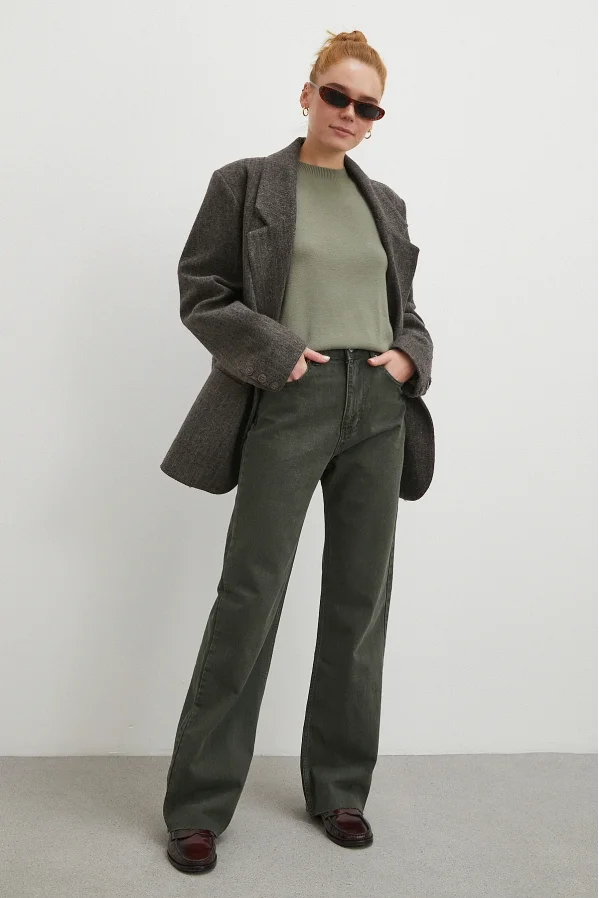 Yüksek Bel Kesik Boru Paça Jean Yeşil