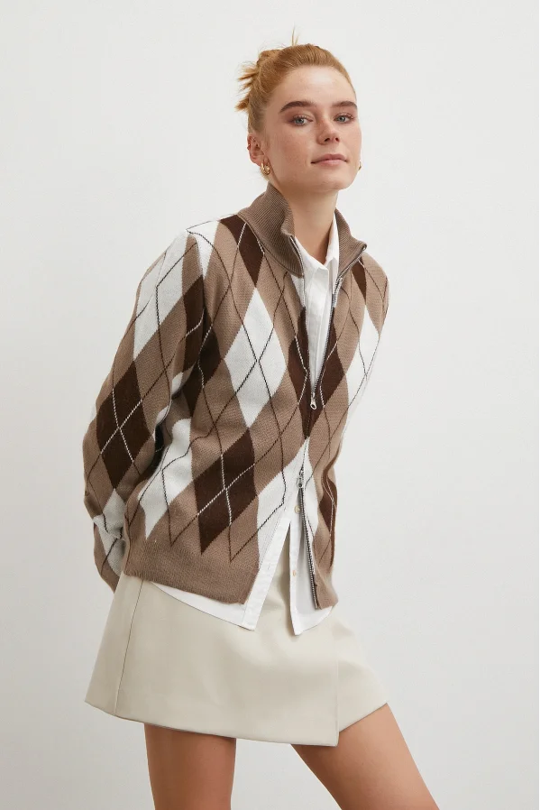 Fermuarlı Baklava Desen Kazak Kahve