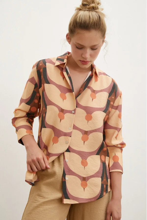 Patterned V-Neck Modal Shirt Camel
