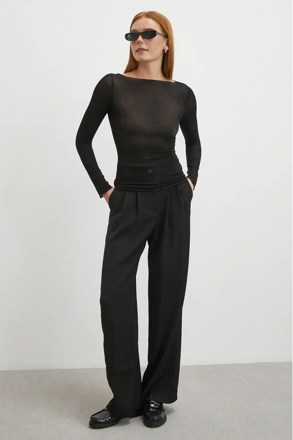 Beli Lastikli Pileli Geniş Paça Pantolon Siyah