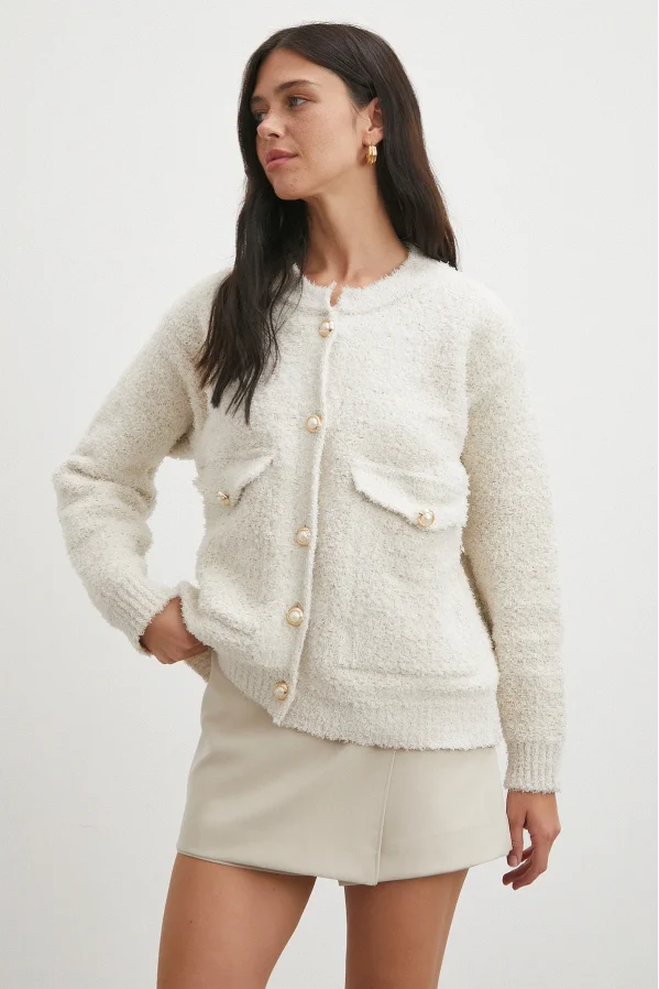 Cepli Düğmeli Simli Hırka Ekru