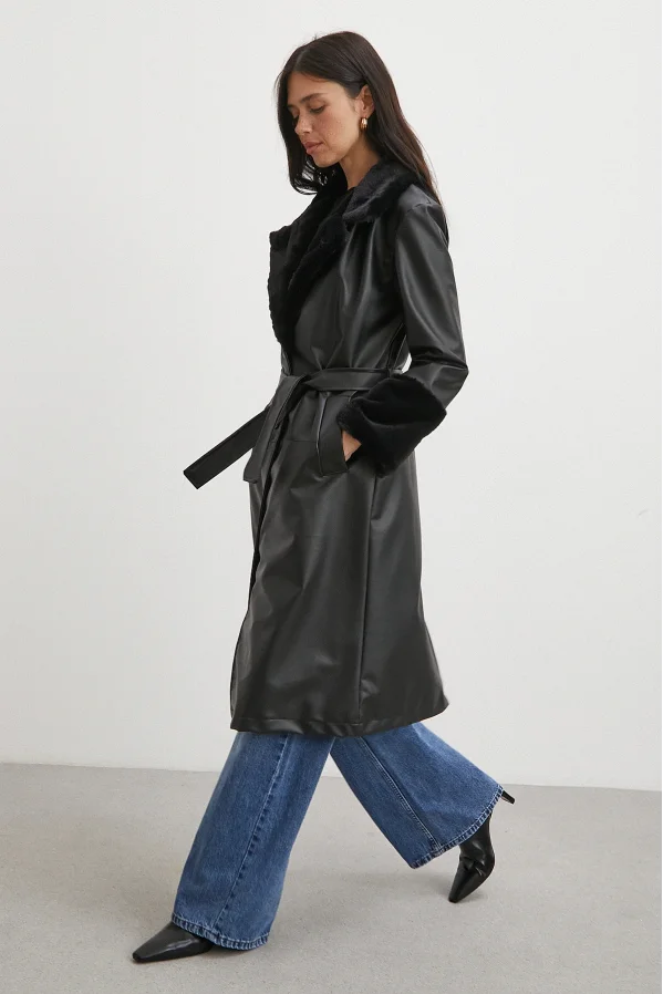 Kürklü Kuşaklı Deri Pardesü Siyah