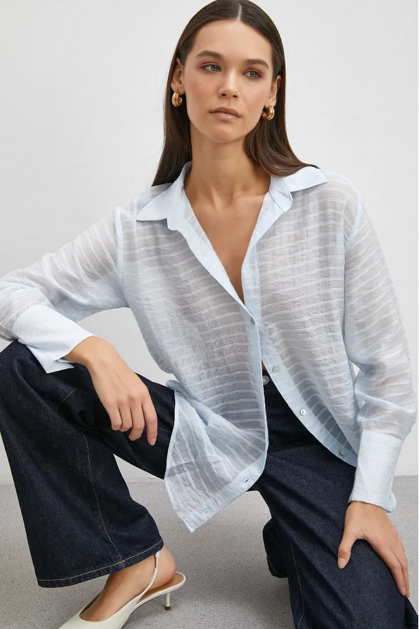 Kabartma Çizgili Gömlek Mavi