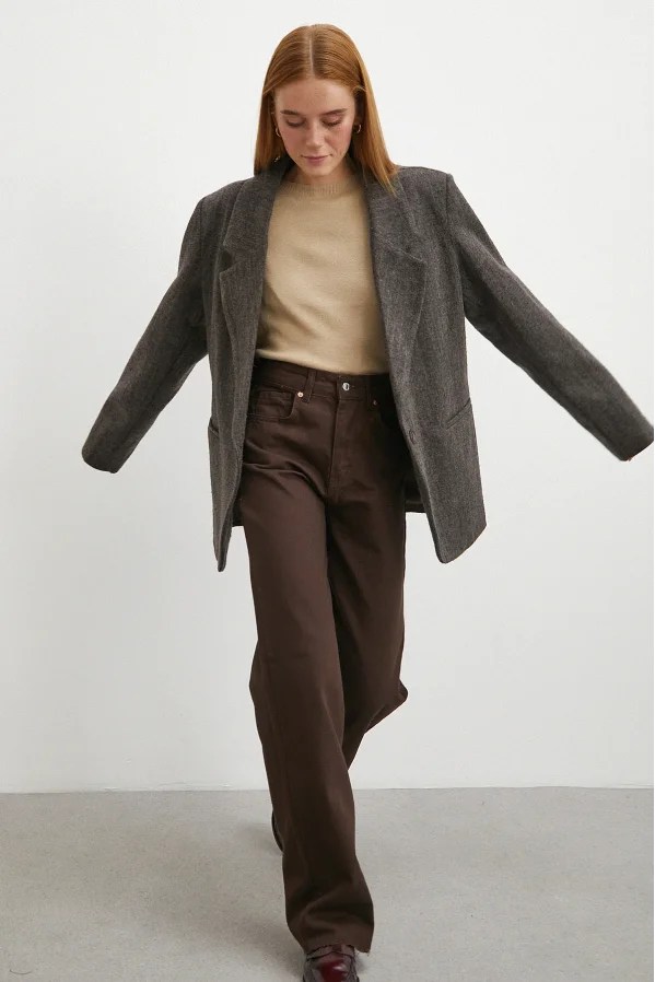 Yüksek Bel Kesik Boru Paça Jean Kahve