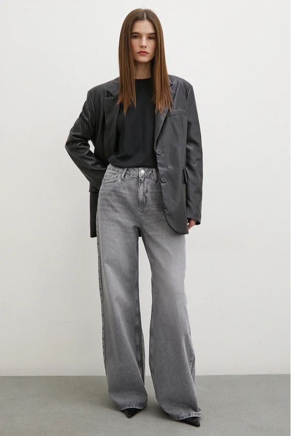 High Waisted Five-Pocket Wide Leg Jeans Gray