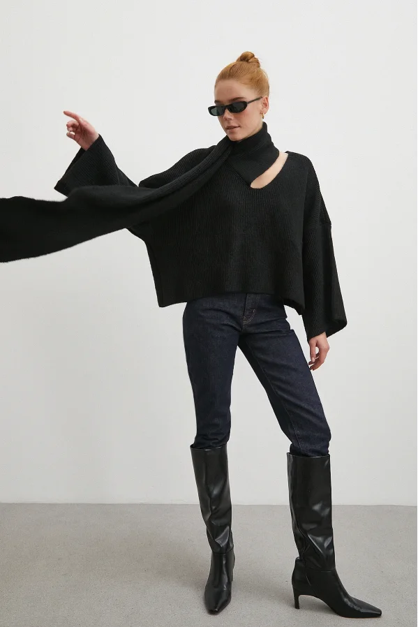 Fitilli Şal Yaka Kazak Siyah