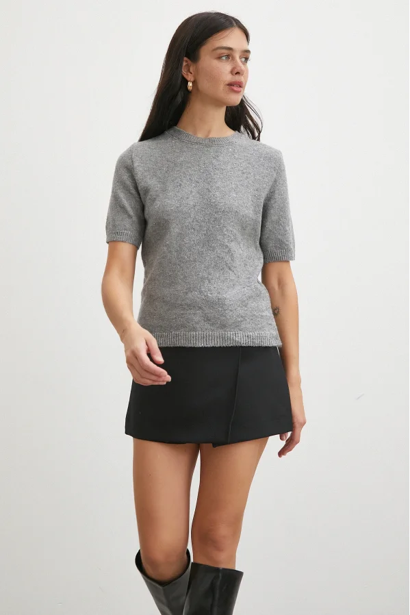 Simli Kısa Kol Kazak Gri