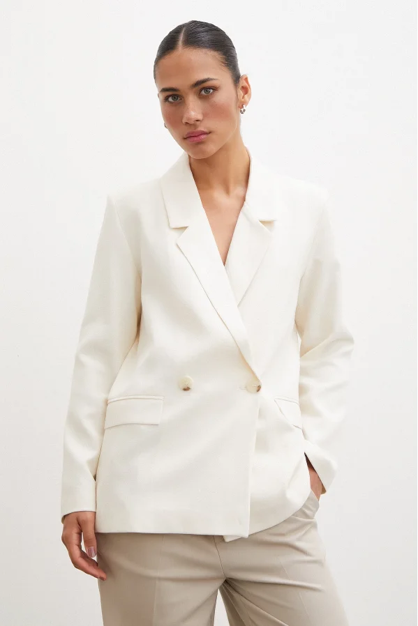 Double Button Linen Blazer Jacket Ecru