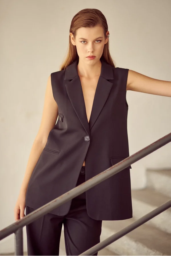 Buttoned Long Vest with Pocket - Black