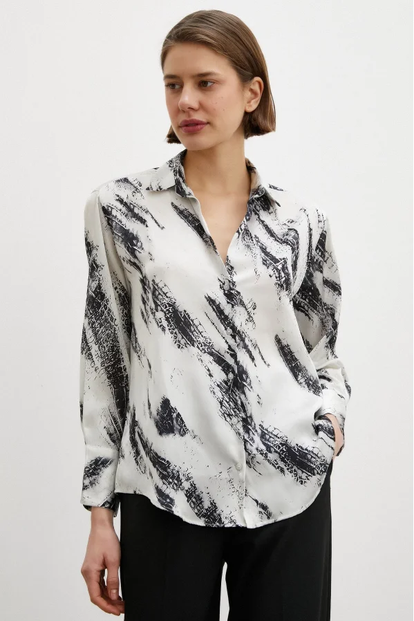 V Neck Printed Satin Shirt Ecru